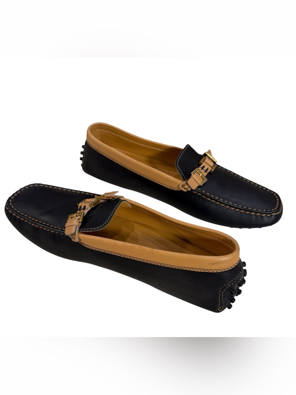 TOD'S Double T Black Leather Gommino Loafers with Tan Trim. NWT Made in Italy - Picture 3 of 7